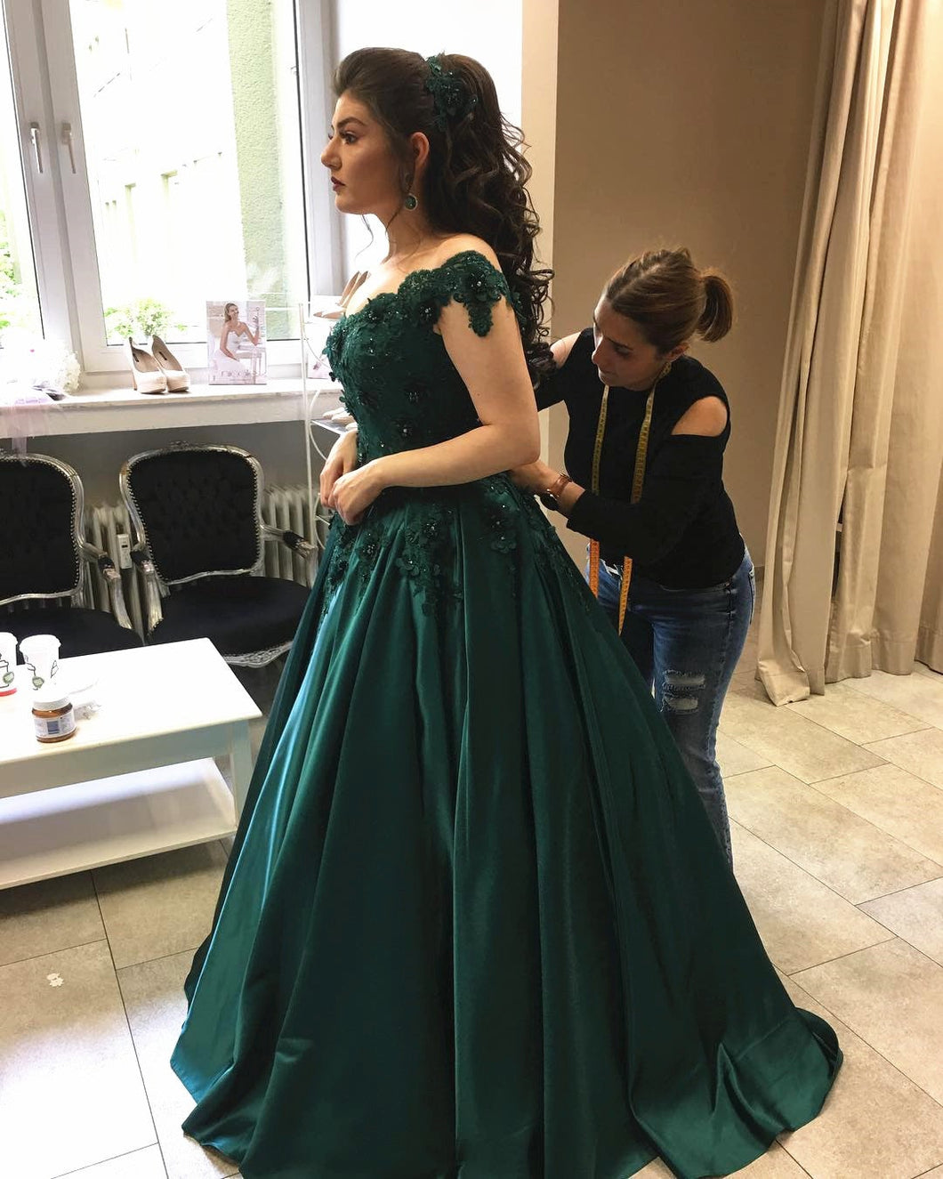 Emerald Green Satin Engagement Dresses Lace Off Shoulder Ball Gown alinanova Emerald Green Satin Engagement Dresses Lace Off Shoulder Ball Gown alinanova