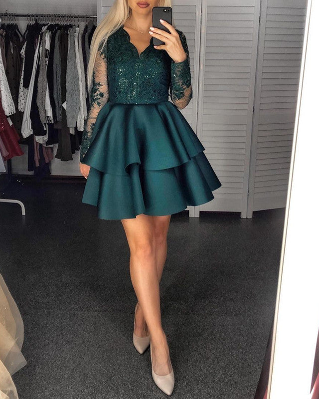 Long Sleeve Green Hoco Dresses V Neck Sleeved Homecoming Dresses Satin Ruffles Long Sleeve Green Hoco Dresses V Neck Sleeved Homecoming Dresses Satin Ruffles