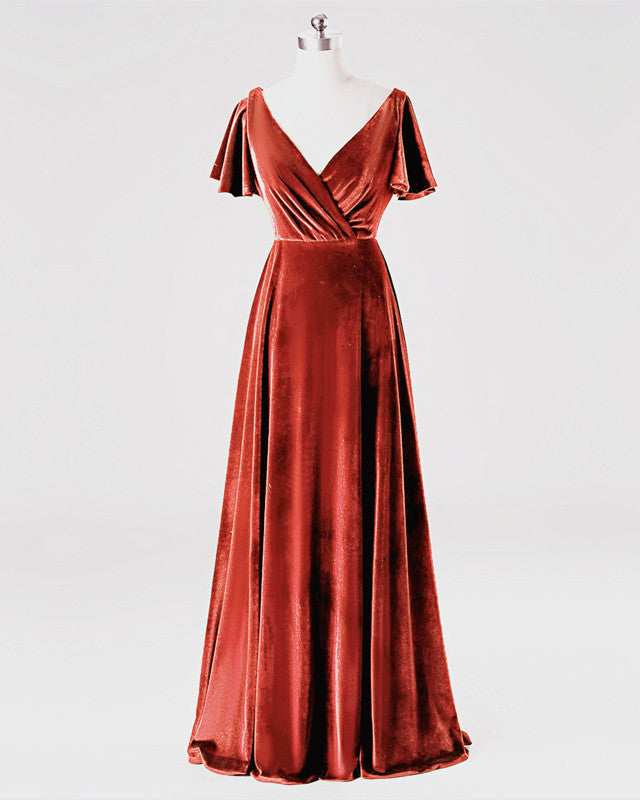 Velvet Bridesmaid Dresses Flutter Sleeves V Neck