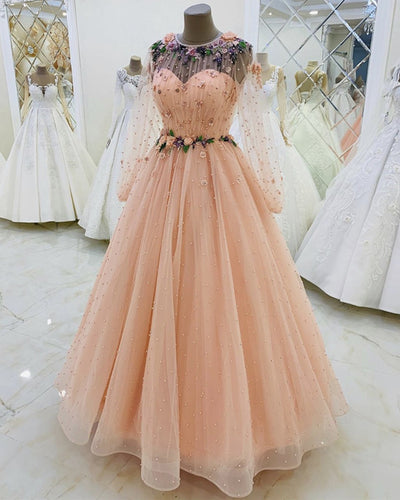 Peach Evening Dress Long Sleeves