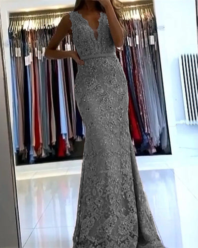 Silver Lace Mermaid Evening Dress