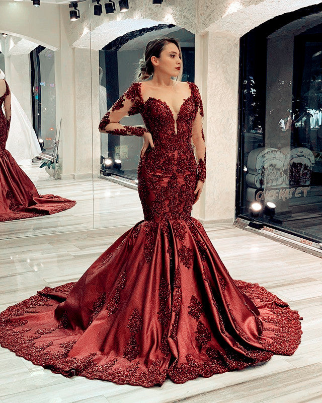 fitted lace wedding dress Burgundy Dantelle Mermaid Dress– Teuta Matoshi