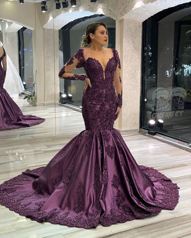 Purple Long Sleeve Mermaid Evening Dress Lace Appliques alinanova Purple Long Sleeve Mermaid Evening Dress Lace Appliques alinanova