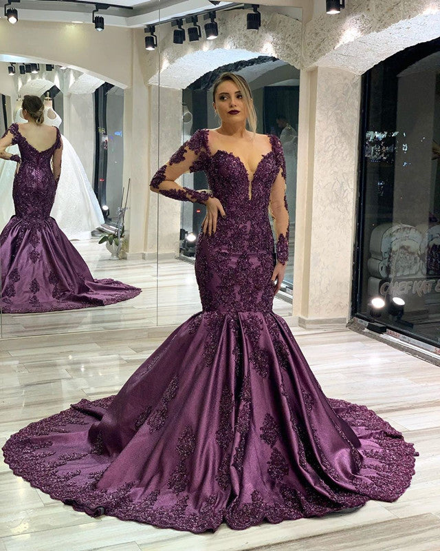 Illusion Neckline Evening Dress Mermaid Lace Long Sleeves
