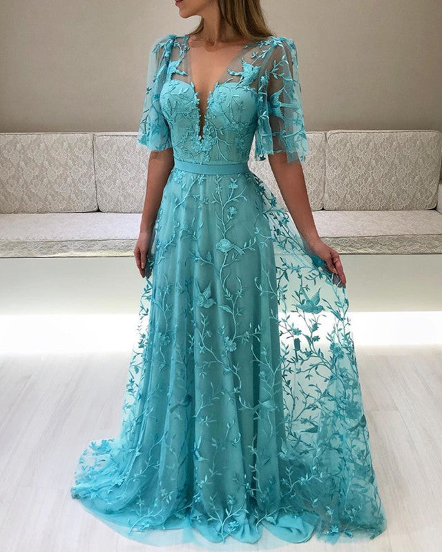 chinese dress ladies Turquoise Appliques Lace-Up Trumpet Long Prom Dress main image 1