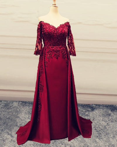 Mermaid V Neck Lace Sleeved Evening Dress Off The Shoulder-alinanova