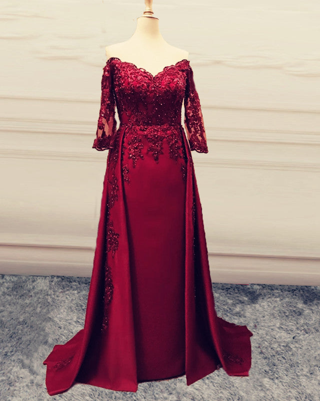 Mermaid V Neck Lace Sleeved Evening Dress Off The Shoulder-alinanova