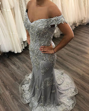 Load image into Gallery viewer, Mermaid Off The Shoulder Evening Dresses Lace Beaded Prom Gowns
