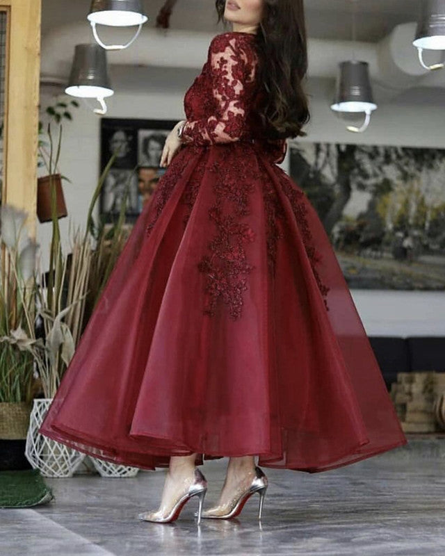 Ankle Length Evening Dress Lace Long Sleeves Elegant