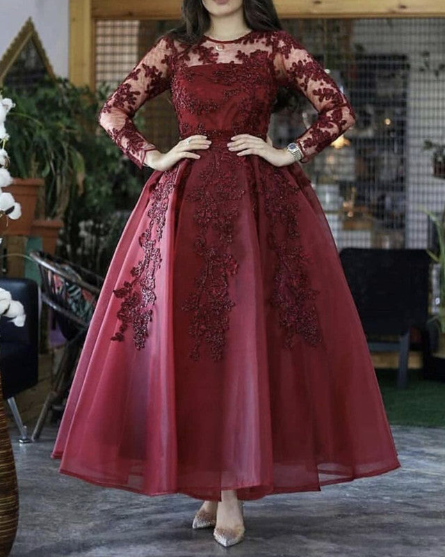 Ankle Length Evening Dress Lace Long Sleeves Elegant