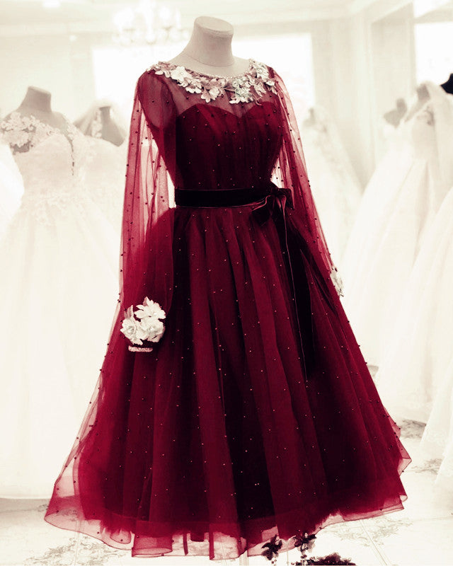 Tulle Tea Length Evening Dress Long Sleeves Embroidery Beaded – alinanova