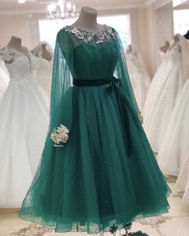 Tulle Tea Length Evening Dress Long Sleeves Embroidery Beaded – alinanova
