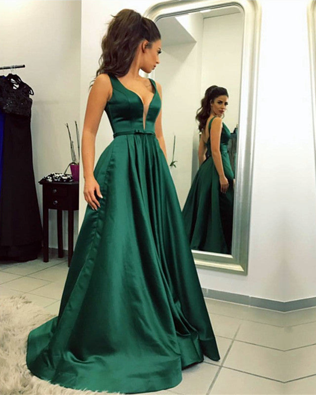 Simple Prom Dresses Long Satin Open Back Formal Evening Gowns  alinanova