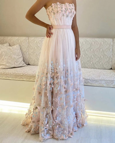 Pink Tulle Prom Dresses With Butterfly Lace