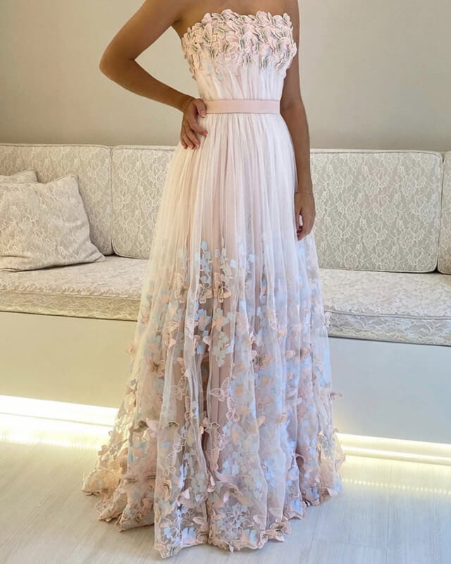 Pink Tulle Prom Dresses With Butterfly Lace