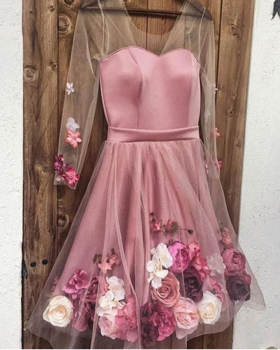 Long Sleeves Homecoming Dresses Floral Flowers Embroidery