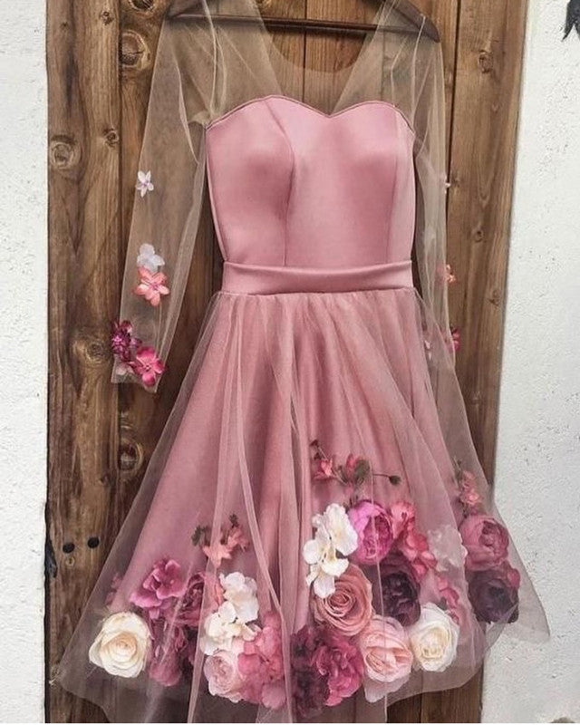 Long Sleeves Homecoming Dresses Floral Flowers Embroidery