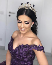 Load image into Gallery viewer, Floral Lace Flowers Off Shoulder Organza Prom Dress Ball Gowns
