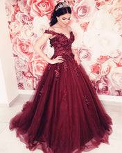 Load image into Gallery viewer, Floral Lace Flowers Off Shoulder Organza Prom Dress Ball Gowns
