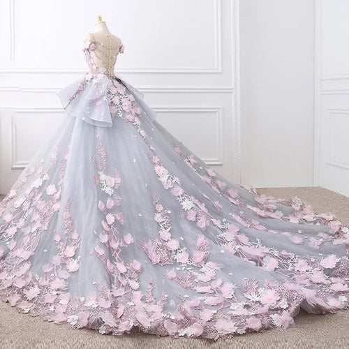Floral Lace Wedding Dresses Ball Gowns With 3D Flowers-alinanova