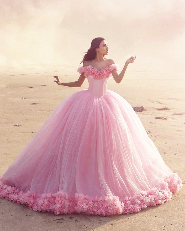 15s dresses pink Flowers And Tulle Quinceanera Dresses Ball Gowns Off Shoulder