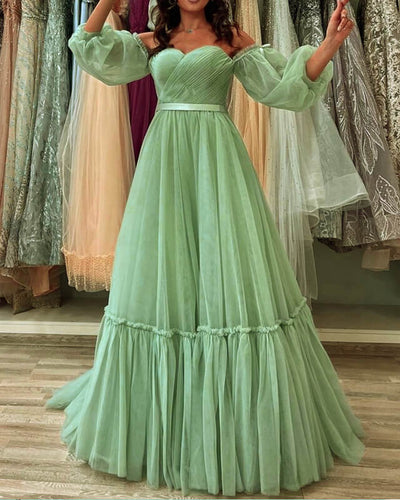 Flowy Tulle Sage Green Cottagecore Dress With Sleeves-alinanova