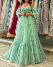 Load image into Gallery viewer, Flowy Tulle Sage Green Cottagecore Dress With Sleeves
