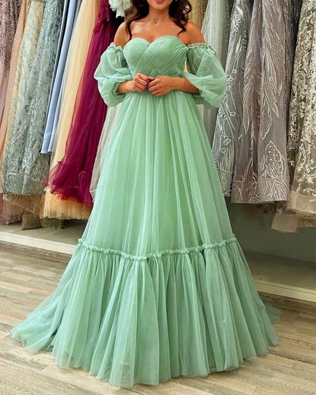 Flowy Tulle Sage Green Cottagecore Dress With Sleeves Flowy Tulle Sage Green Cottagecore Dress With Sleeves