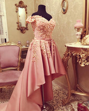 Load image into Gallery viewer, Front Short Long Back Prom Dresses Lace Flowers Off Shoulder
