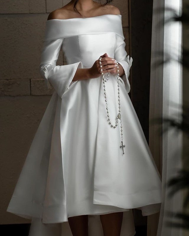 short front long back white dress Front Short Long Back Wedding Dress Satin Sleeved Off Shoulder
