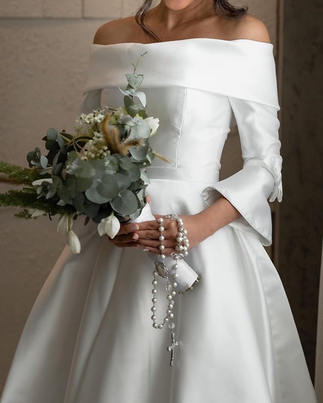 Front Short Long Back Satin Wedding Dress With Sleeves – alinanova