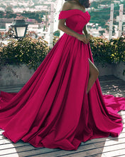 Load image into Gallery viewer, Sexy Front Split Off Shoulder Long Satin Prom Dresses
