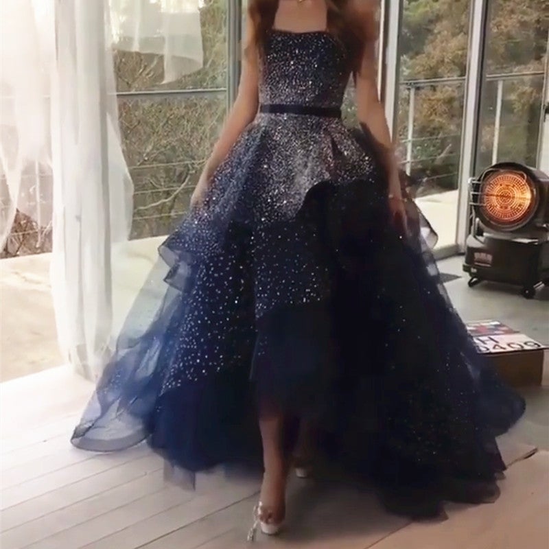 Sparkly Beaded Navy Blue Ball Gown Prom Dress Hi-Lo Style Evening Gown alinanova Sparkly Beaded Navy Blue Ball Gown Prom Dress Hi-Lo Style Evening Gown alinanova