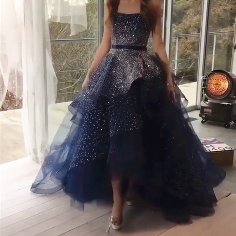 Fully Beading Strapless Navy Blue Ball Gown Prom Dresses