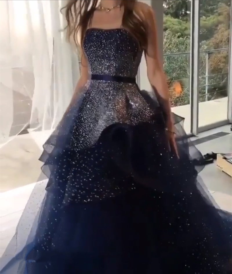 Sparkly Beaded Navy Blue Ball Gown Prom Dress Hi-Lo Style Evening Gown