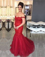 Load image into Gallery viewer, Fully Crystal Beaded Sweetheart Red Mermaid Prom Dresses Off The Shoulder
