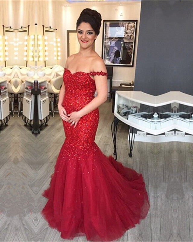 Fully Crystal Beaded Sweetheart Red Mermaid Prom Dresses Off The Shoul alinanova Fully Crystal Beaded Sweetheart Red Mermaid Prom Dresses Off The Shoul alinanova