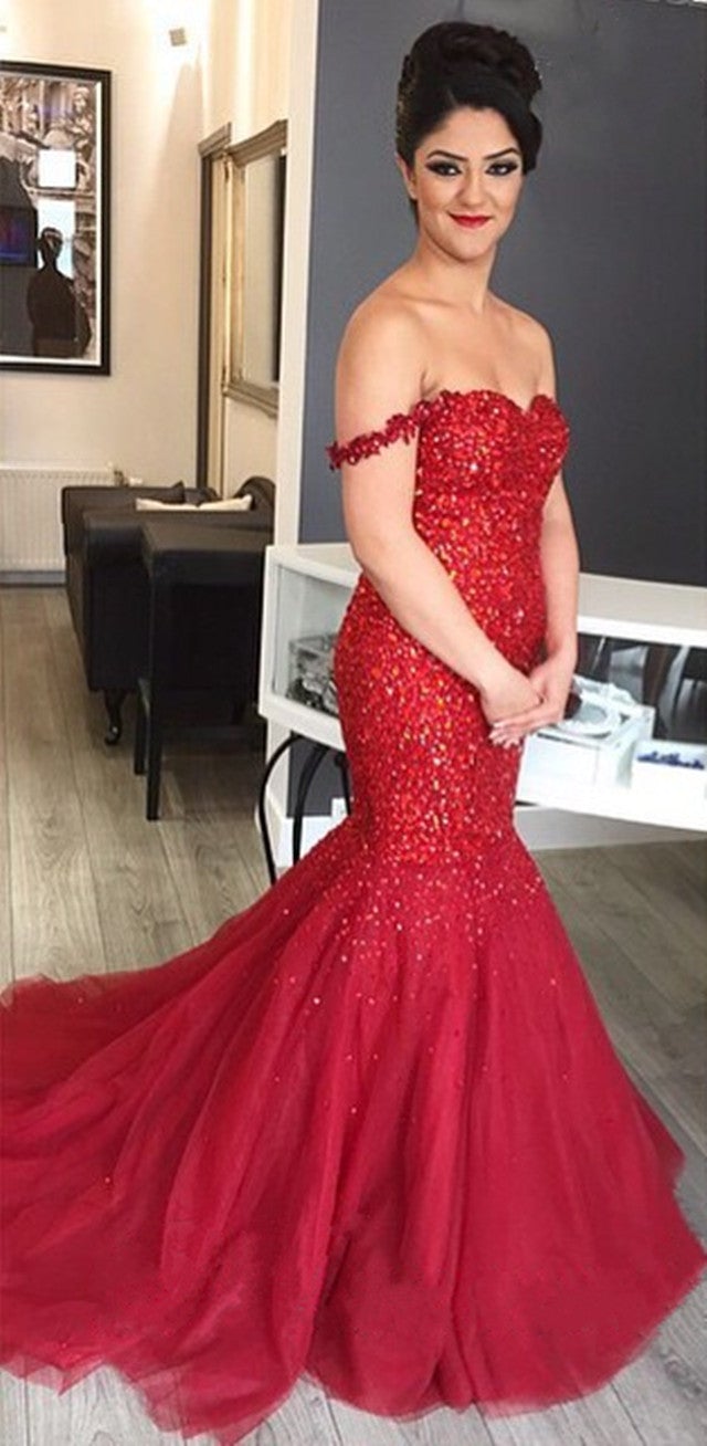 strapless open back dress Fully Crystal Beaded Sweetheart Red Mermaid Prom Dresses Off The Shoulder