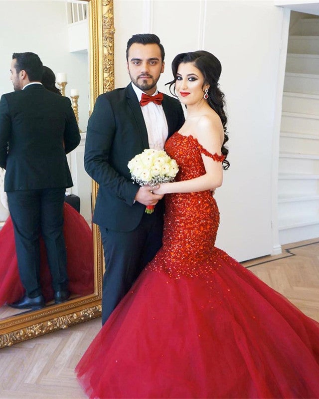Fully Crystal Beaded Sweetheart Red Mermaid Prom Dresses Off The Shoulder-alinanova