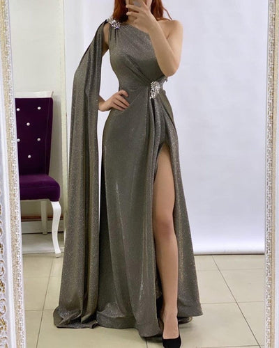 Glitter Mermaid Prom Dresses One Shoulder High Slit-alinanova