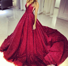 Load image into Gallery viewer, Glitter Prom Dress Plunge V-neck Ball Gown
