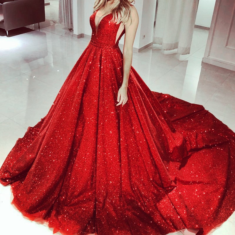 slim fit dress slacks Glitter Prom Dress Plunge V-neck Ball Gown – alinanova
