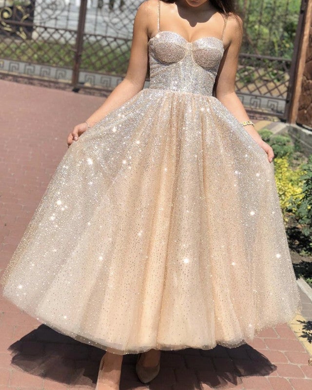 Glitter Prom Dresses Midi Length Sweetheart Corset