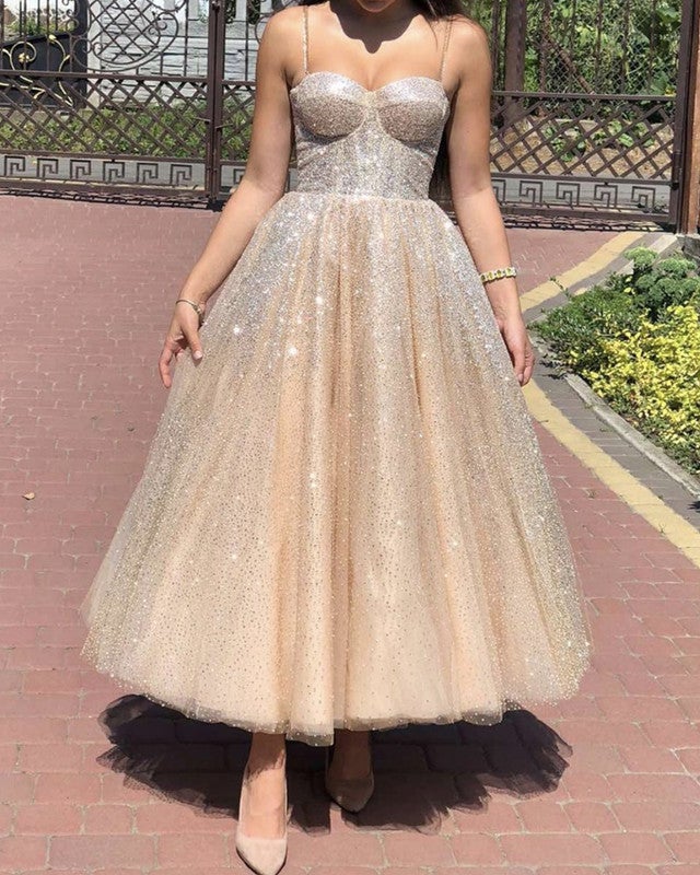 Glitter Prom Dresses Midi Length Sweetheart Corset