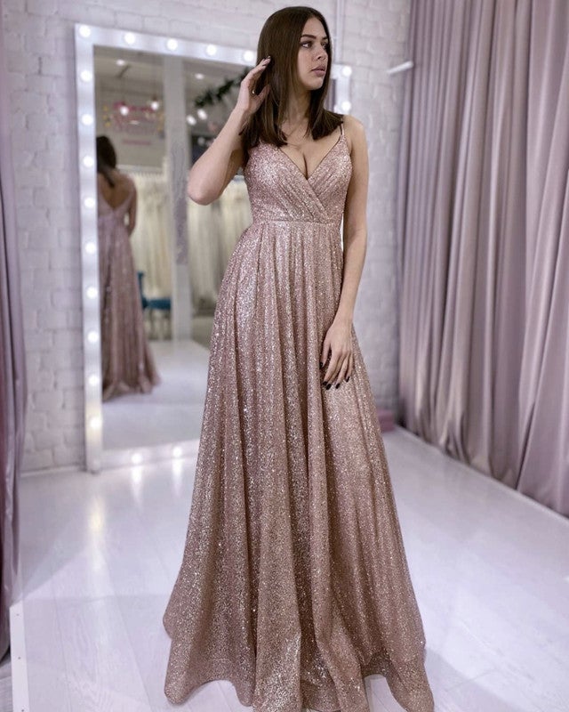 Glitter Prom Long Dresses Pleated V Neck