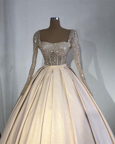 Glitter Sequins Long Sleeves Prom Ball Gown Satin Dresses-alinanova