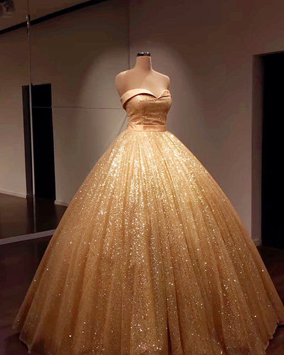 Glitter Tulle Prom Dresses Gold