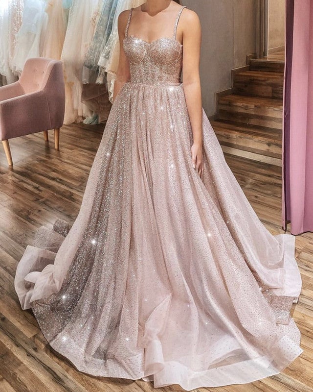 Glitter Tulle Prom Dresses Sweetheart Corset Spaghetti Straps-alinanova