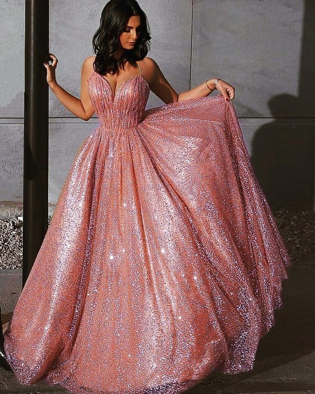 Glitter Tulle Prom Dresses V Neck Floor Length – alinanova