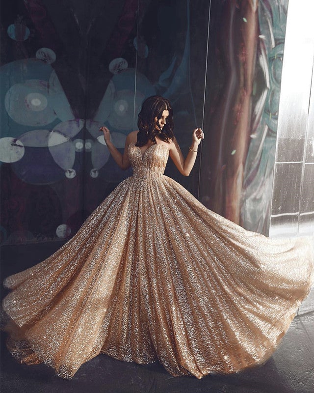 Glitter Tulle Prom Dresses V Neck Floor Length – alinanova